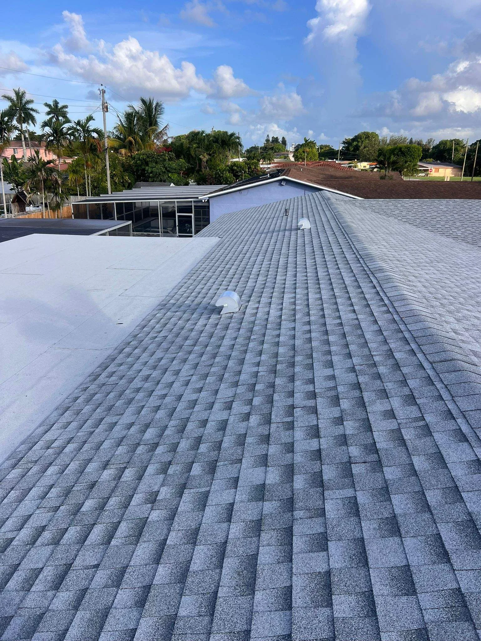 Newly installed gray asphalt shingle roof on commercial building with skylight vents